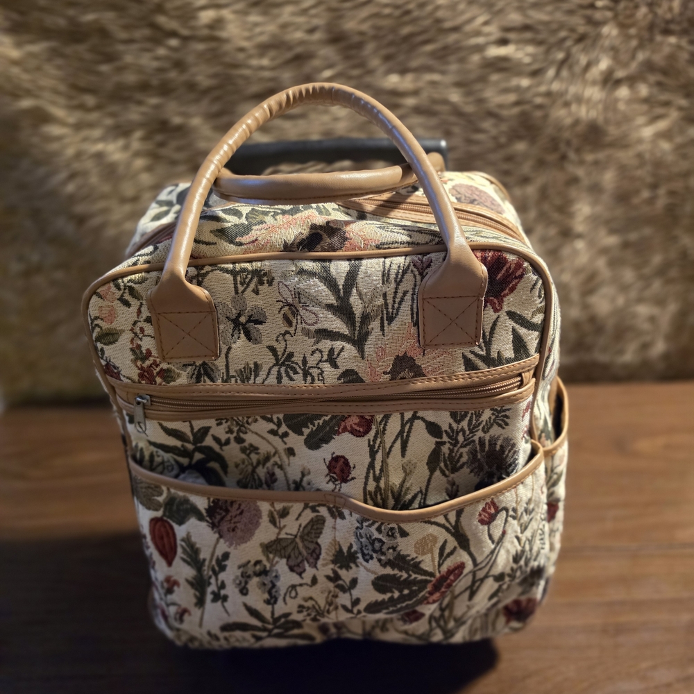 Floral Tapestry Top-Handle Rolling Tote in Beige and Tan